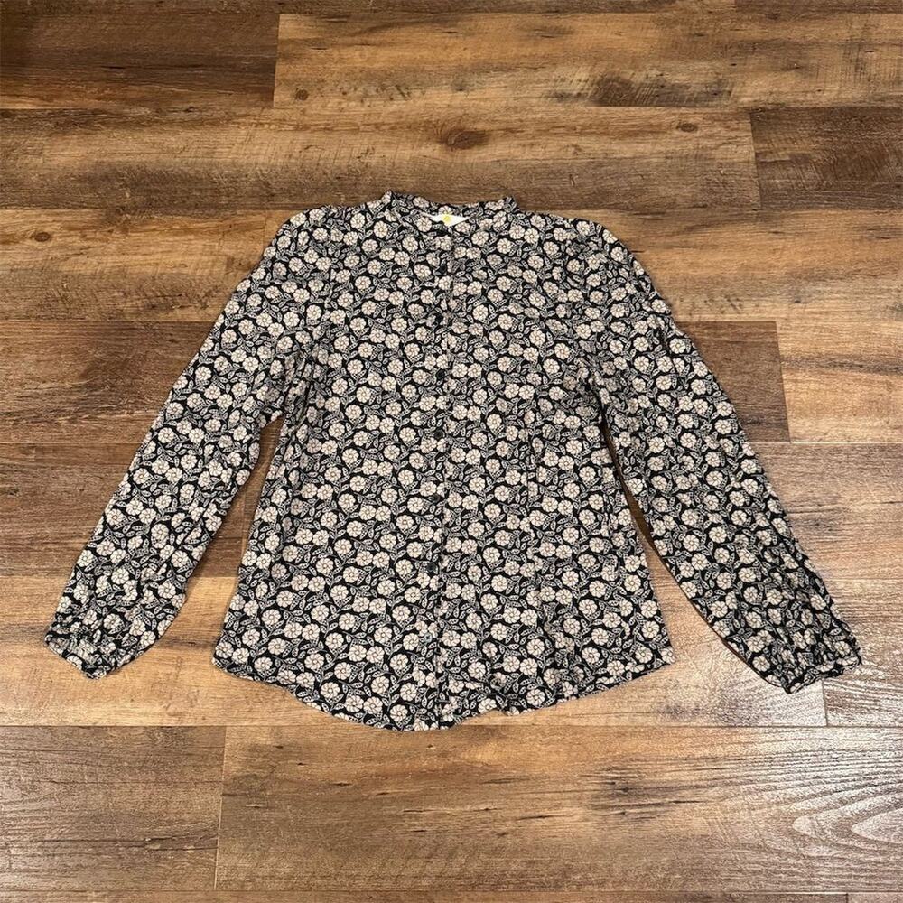 Boden Deep Sleeve Jersey Shirt Black Botanic Floral US 2 Office Career Feminine